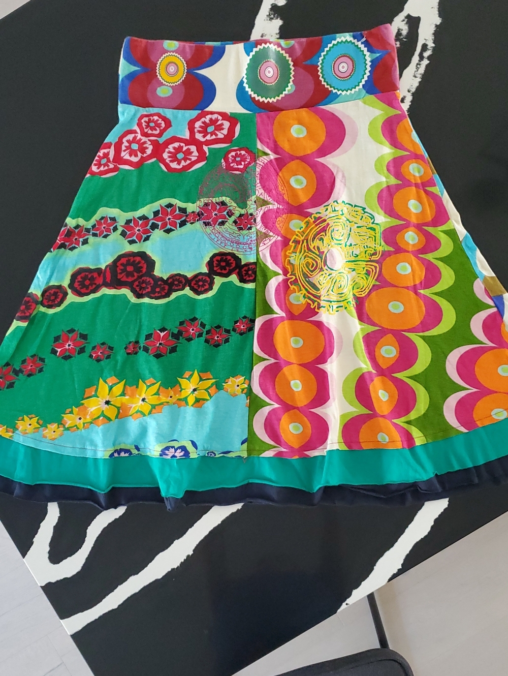 Desigual- Abstract/Graphic Colorful 100% Cotton A Line Skirt Raw Layered Hem